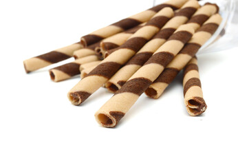 wafer rolls with chocolate isolated on white background