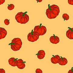 Vector seamless pattern. Pumpkin on a beige background, seasonal autumn vegetable. Design for printing on textiles, clothing, wallpaper printing.
