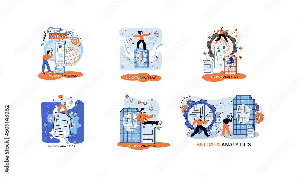 Poster big data analytics platform, data management and protection creative metaphor set abstract concept. 