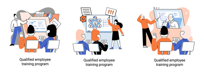 Qualified employee training program. Refresher course metaphor. Help in professional development. Learning for software development and growth. Agile project management team project life scrum meeting