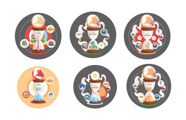 Global warming, climate change metaphor, natural disaster, deforestation, global heating, air pollution. Environmental accident on planet, ecological catastrophy warning icons world problem destroys