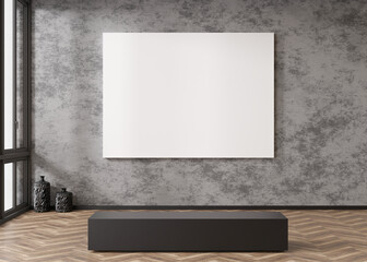 Empty white horizontal canvas on concrete wall in modern art gallery. Mock up interior in contemporary style. Free, copy space for your picture. Exhibition space. 3D rendering.