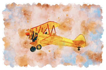 Retro plane Biplan yellow, watercolor art © Gylychly
