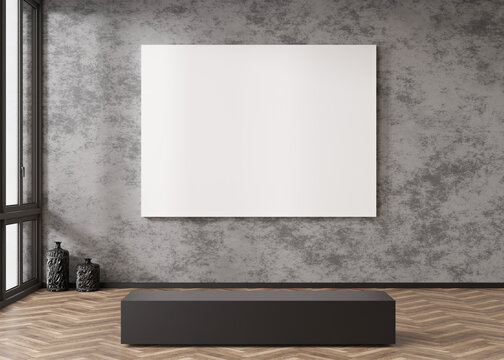 Empty white horizontal canvas on concrete wall in modern art gallery. Mock up interior in contemporary style. Free, copy space for your picture. Exhibition space. 3D rendering.