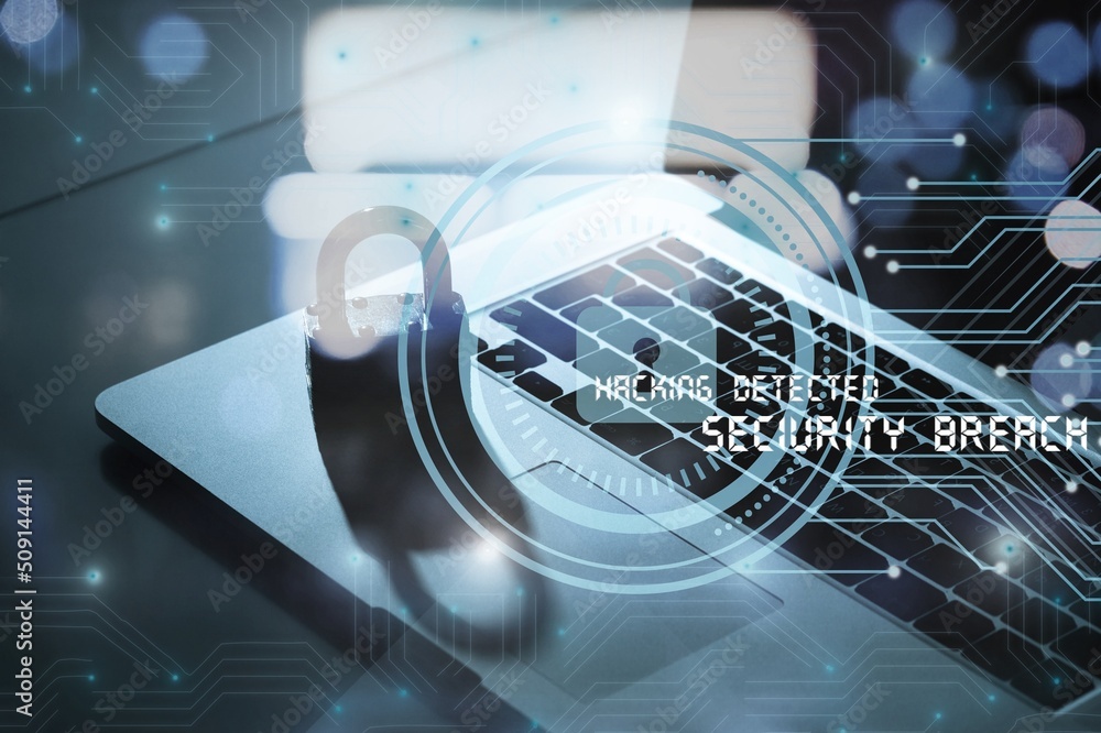 Poster padlock of personal data security, laptop with padlock and data security business and network securi