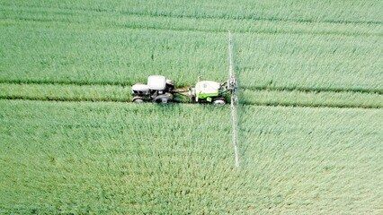 tractor with field sprayer sprays pesticides or fertilizer on a wheat field, aerial view,...