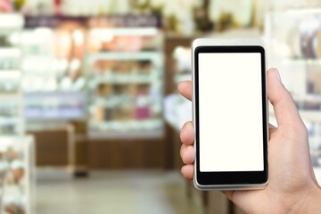 Clothing Store, Female Using Smartphone with blank screen