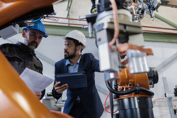 Engineering manager and mechanic worker doing routine check up in industrial factory