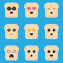 Cute funny happy bread toast set collection. Vector flat line cartoon kawaii illustration icon. Toast with face character mascot bundle concept