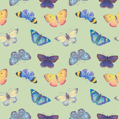 Seamless pattern Watercolor butterflies on a bright background. Botanical background of butterflies for design, wallpapers, wrapping paper, textiles.