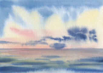 Seascape painted with watercolors. An orange cloud is reflected in the water.