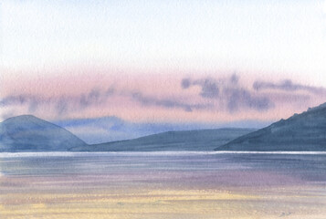Abstract watercolor landscape with sea and sunset.