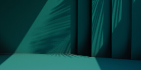 Minimal product placement background with palm shadow on blue plaster wall. Luxury summer...