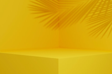 Yellow background studio interior room with tropical palm shadow. Minimal summer product stage platform mockup design. 3d render of square empty space with plant shade for product placement.
