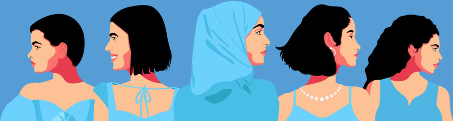 Set of abstract female portraits. Young woman face, side view, long hair, sunglasses. Silhouette group of multiethnic woman who talk and share ideas and information. African and Arabic ladies