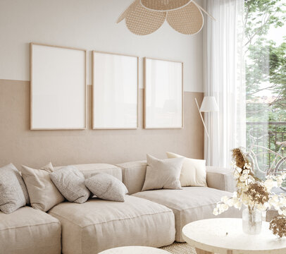 Mockup frame in home interior background, living room in pastel beige colors, boho style, 3d render