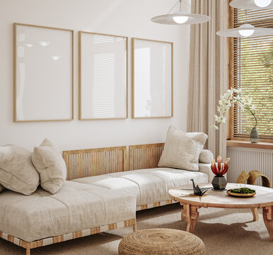 Home interior in japanese style, frame mockup in living room background, 3d render