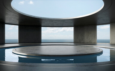 Round concrete podium empty floor with pool. 3d rendering of abstract exterior space with sea and blue sky background.