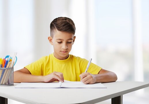 Smiling intelligent schooler teen doing homework, sitting at table, enjoying educational process