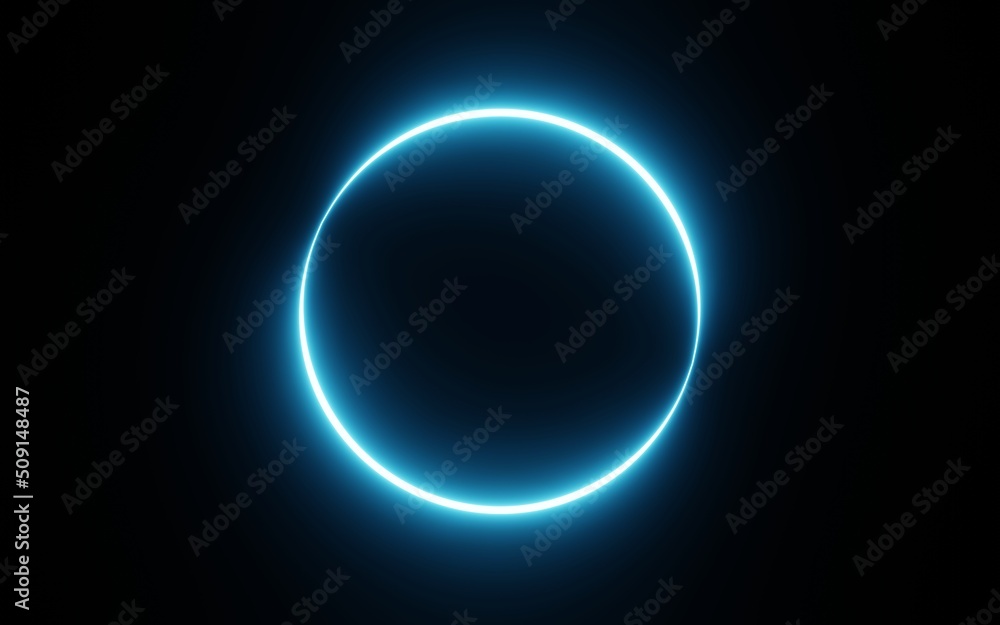 Poster round circle picture frame with blue tone neon color shade motion graphic on isolated black backgrou