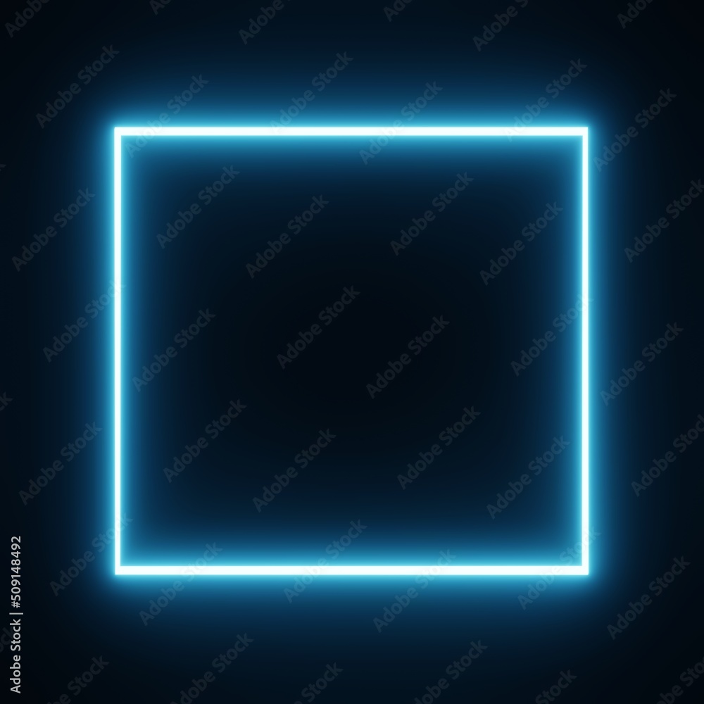 Poster square rectangle picture frame with blue tone neon color motion graphic on isolated black background