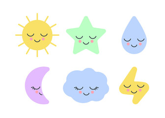 Set of sleepy nature weather with cute face toy sun, moon month, star, cloud, drop and lightning for baby design. Elements for childish fabric, print sign, card. Kids sleep. Vector illustration