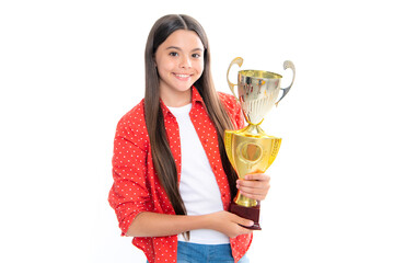 Teenage girl holding a trophy. Kid winner won the competition, celebrating success and victory,...