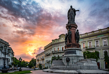 Monument to the founders of Odessa in Ukraine in the evening. Sculpture of Catherine II, Empress of...