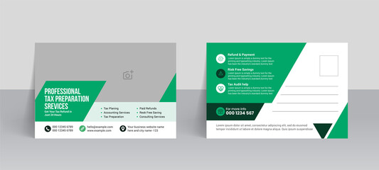 Income tax postcard template. Tax return service standard postcard design layout