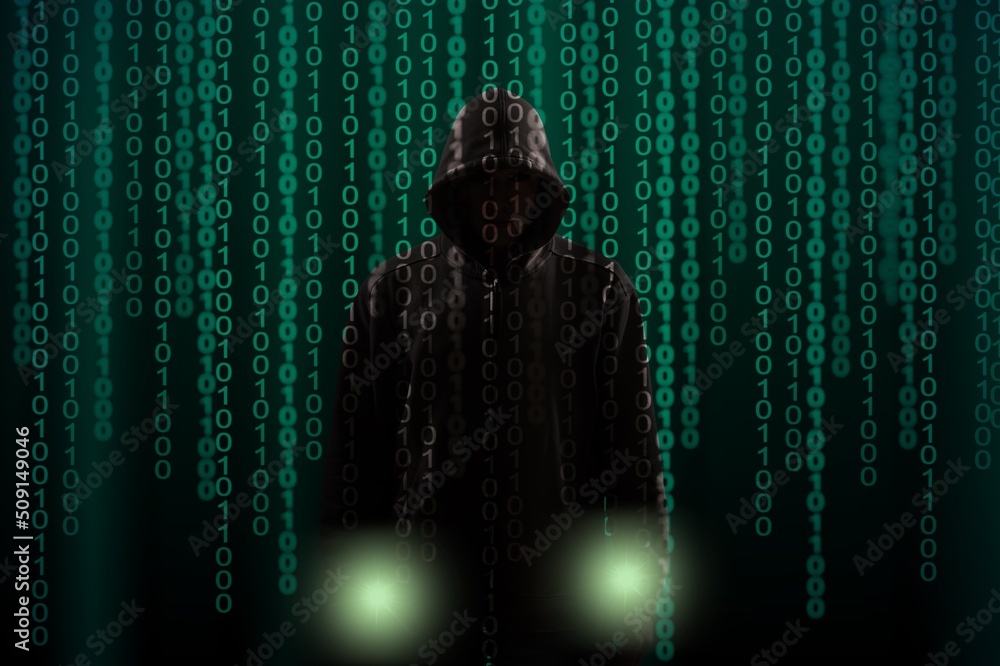 Wall mural Computer Hacker in Hoodie. Obscured Dark Face. Hacker Attack, Virus Infected Software and Cyber Security Concept .