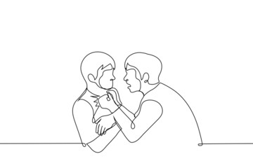 adult man grabs a child by the clothes and screams in his face - one line drawing vector. physical and psychological abuse concept
