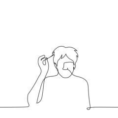 man pulling his hair - one line drawing vector. concept new hairstyle, poor hair condition, male pattern baldness