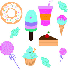 Set of cute sweet icons in kawaii style with smiling face. Ice cream, cupcake, cake, cup, soda, candy, lollipop, popsicle