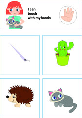 Fototapeta premium Cute girl is touching with hands of objects. Funny montessori game for kids. Learning five senses. Vector illustration.