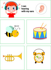 Cute boy is hearing with ears of objects. Funny montessori game for kids. Learning five senses. Vector illustration.