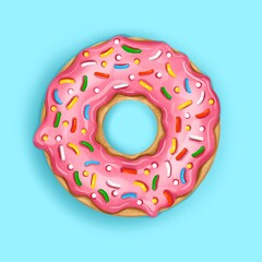 Delicious donut with pink icing on a blue background. Realistic illustration.