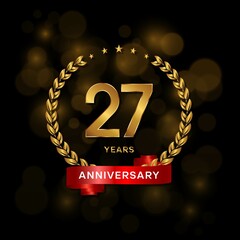 27 years anniversary logo with golden  laurel and red ribbon for booklet, leaflet, magazine, brochure poster, banner, web, invitation or greeting card. Vector illustrations.