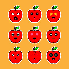 Cute funny happy apple fruit set collection. Vector flat line cartoon kawaii illustration icon. with face mascot bundle concept 