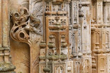 carved pillars in Interior of the Unfinished chapels in Batalha monastery, Portugal