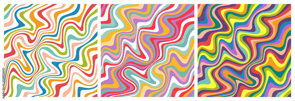 Poster Set of Wavy Colorful Seamless Patterns in Retro Style. Abstract Vector Textures in 1970 Hippie Aesthetics