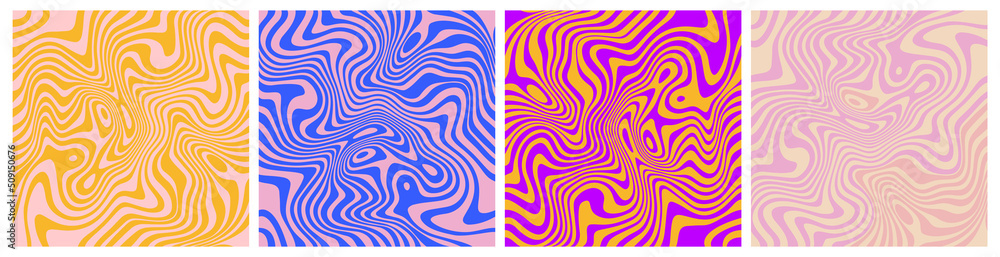 Poster Set of Wavy Seamless Trippy Patterns in Psychedelic Colors. Abstract Vector Swirl Backgrounds. 1970 Aesthetic Textures with Flowing Waves