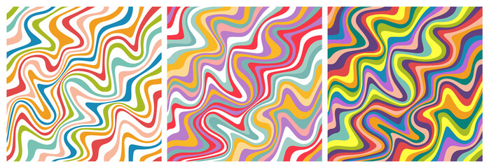 Set of Wavy Colorful Seamless Patterns in Retro Style. Abstract Vector Textures in 1970 Hippie Aesthetics