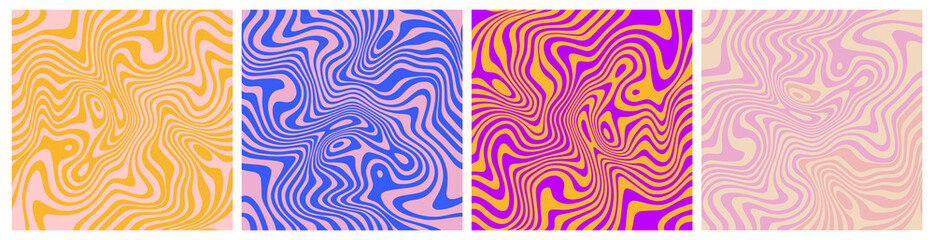 Set of Wavy Seamless Trippy Patterns in Psychedelic Colors. Abstract Vector Swirl Backgrounds. 1970 Aesthetic Textures with Flowing Waves
