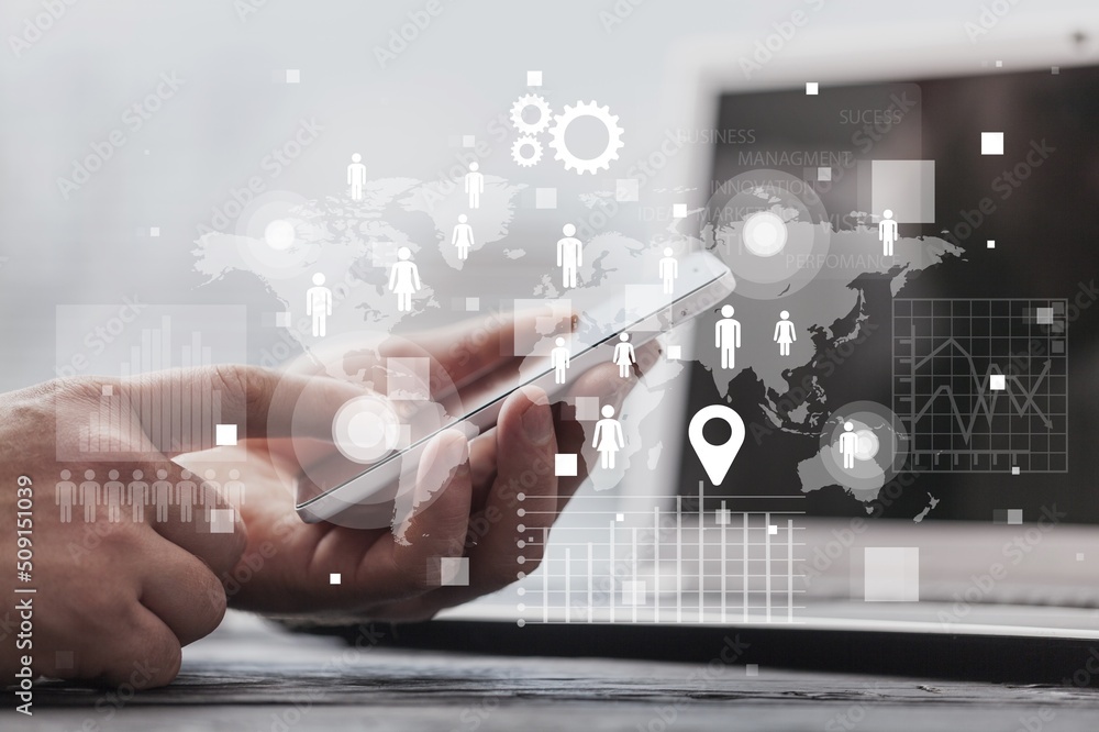 Poster long term business development and management concepts, virtual screens. icon business goals, proble