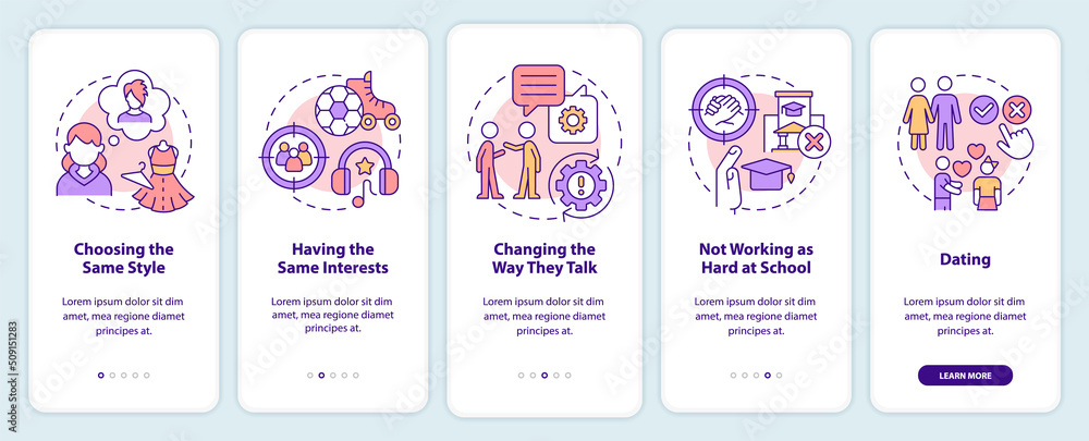 Poster peer pressure on teens onboarding mobile app screen. same interests walkthrough 5 steps editable gra