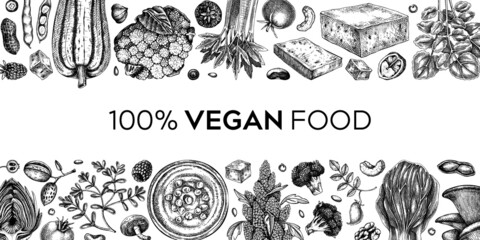 Vegan food sketched background. Healthy food banner template. Middle eastern cuisine frame. Hand drawn vegan meals and ingredients for menu, recipe, packaging design. Vegan food illustration