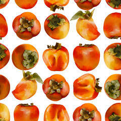 Watercolor seamless pattern with persimmon fruits. Hand painted illustration for design kitchen, biofood, menu, healthy eating, market. 