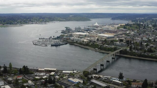 Manette Bridge Spanning Port Washington Narrows In Bremerton, Washington Near The Bremerton Marina. aerial