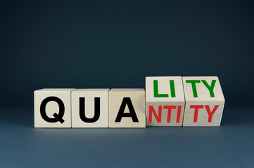 Quality or Quantity. The cubes form the choice words Quality or Quantity.
