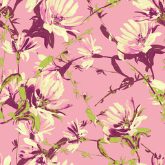 Branch Ivan-tea.Seamless pattern on white and colored background.Watercolor.